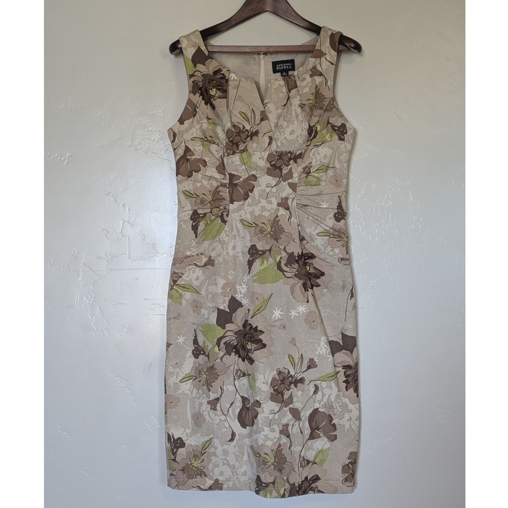 Adrianna Papell Beige Floral Sheath Dress with Olive Accents